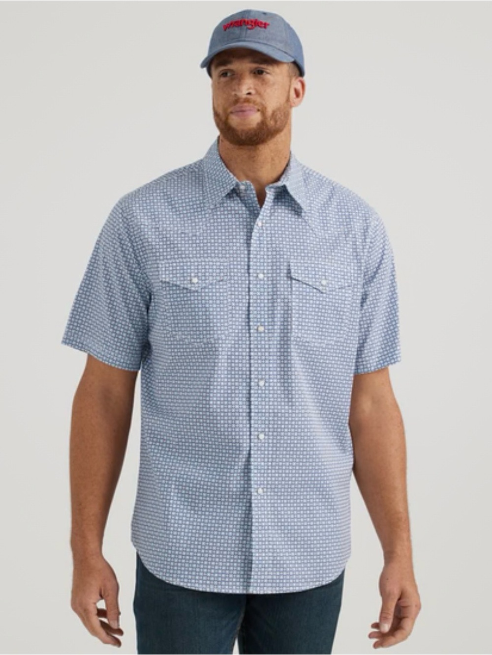Wrangler Men’s Light Blue Short Sleeve Button-Down with Micro Print